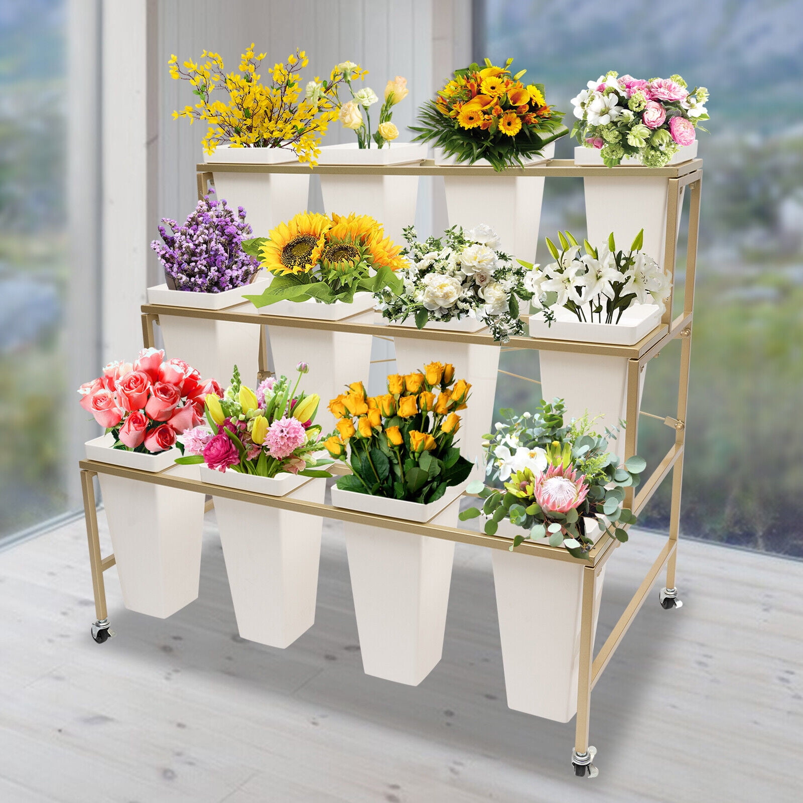Flower Display Stand 12pcs Square Buckets 3 Layers Metal Plant Stand W