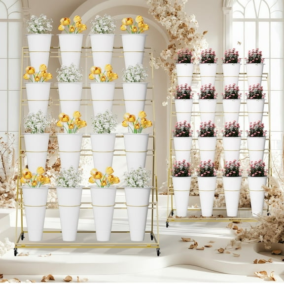 Flower Display Stand with 16 Pcs Buckets, Flower Cart Display Stand with Wheels, 4 Tier Metal Plant Stand, Moving Heavy Duty Flower Cart Flower Rack for Florist Indoor Outdoor Patio Garden (White