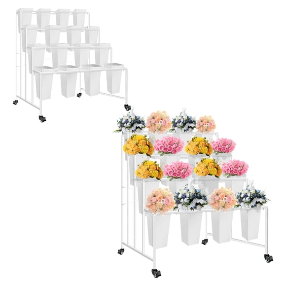 Flower Display Stand with 16 White Buckets, 4 Layers, 37 Pounds, Revolving, Movable Metal Plant Stand, Plant Stand with Wheels for Florist Shop, Office Decor