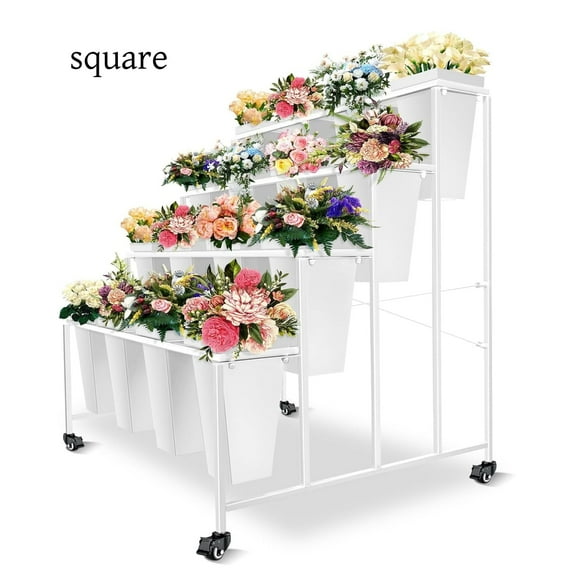 Flower Display Stand with 16Buckets for Fresh Flowers,4 Layers Flower Cart Display Stand, Flower Rack for Indoor, Outdoor Patio Garden, Living Room, Florist, (Square White)
