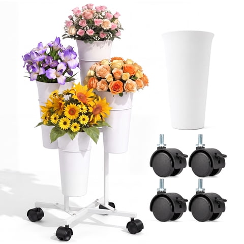 Flower Display Stand, 2 Layers Metal Plant Stand with Wheels, Multi-Purpose Storage, for Florist Indoor Wedding Dector, White
