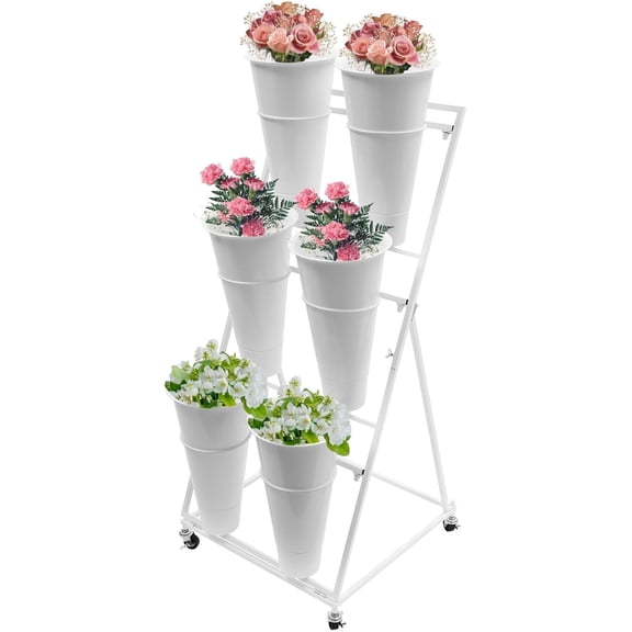 Flower Display Stand 3 Layer 6 Pcs Buckets Flower Organizer Stands, Metal Plant Flower Display Shelf, Outdoor Plant Flower Holder, Moving Plant Cart Shelf with 6 Pieces Buckets for Patio Lawn Garden