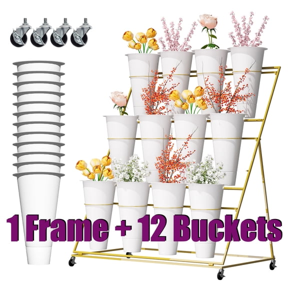 Flower Display Stand 3 Layers, 12 PCS White Buckets, 27 Pounds, Plastic Buckets, Movable Metal Plant Stand, Plant Stand with Wheels for Living Room, Outdoor Garden