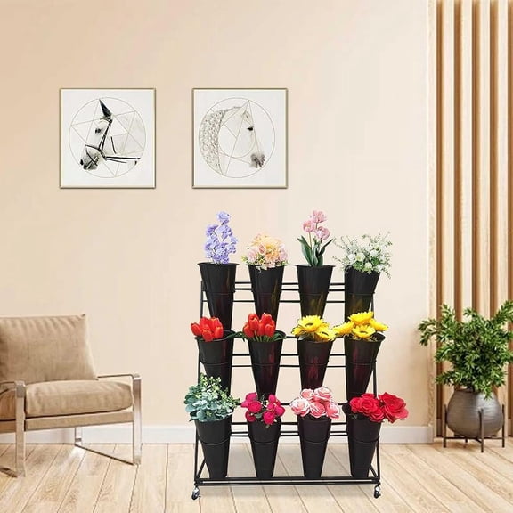 Flower Display Stand, 3 Layers Heavy Duty Moving Plant Cart Shelf Modern Plant Shelfwith 12 Buckets, Plant Stand with Wheels for Indoor, Outdoor Patio Garden, Florist