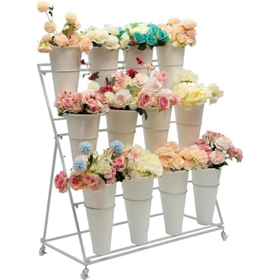 Flower Display Stand, 3 Layers Heavy Duty Moving Plant Cart Shelf With Wheels and Bucket, Iron Florist Shelf, Indoor Outdoor Flower Rack for Home Patio Balcony$$Garden & Patio