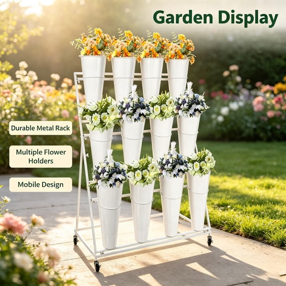 Flower Display Stand 3 Tier 12 Buckets, Moving Flower Stand with Lockable Wheels, Flower Cart Display Stand 49x49x43 Inch for Wedding Party Garden.