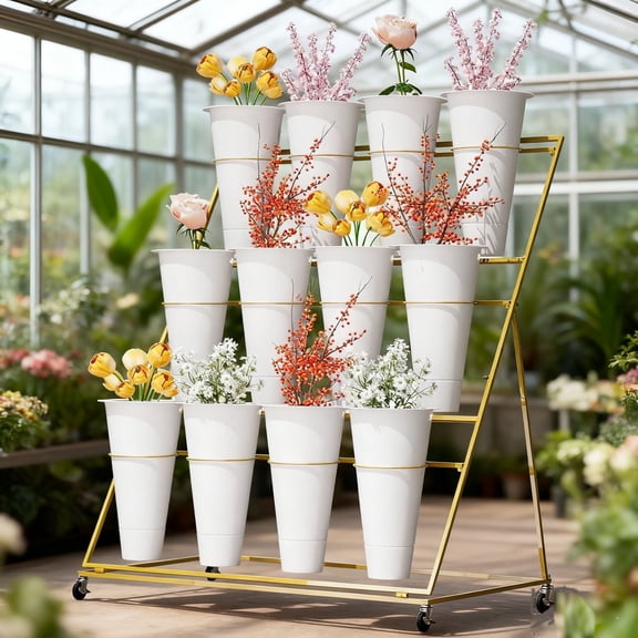 Flower Display Stand, 3-Tier Floral Stand with Buckets, Plant Rack with Wheels, Ideal for Outdoor Parties, Weddings, Gardens