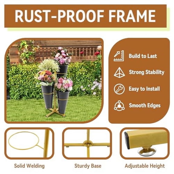 Flower Display Stand with 4 Buckets, Flower Shop Flower Holder with Rust-Proof Metal Frame and Round Plastic Bucket for Indoor Outdoor Bouquet Display Sell and Grow (Black Bucket)