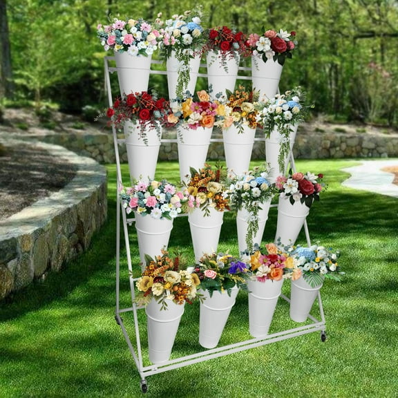Flower Display Stand 4 Layers,4 Layers Metal Plant Rack with 16 Buckets,39.4 In * 59 In * 25.6 In,Moving Florist Bouquet Shelf with 4 Wheels,for Terrace Garden,Living Room,Florist Shop,White