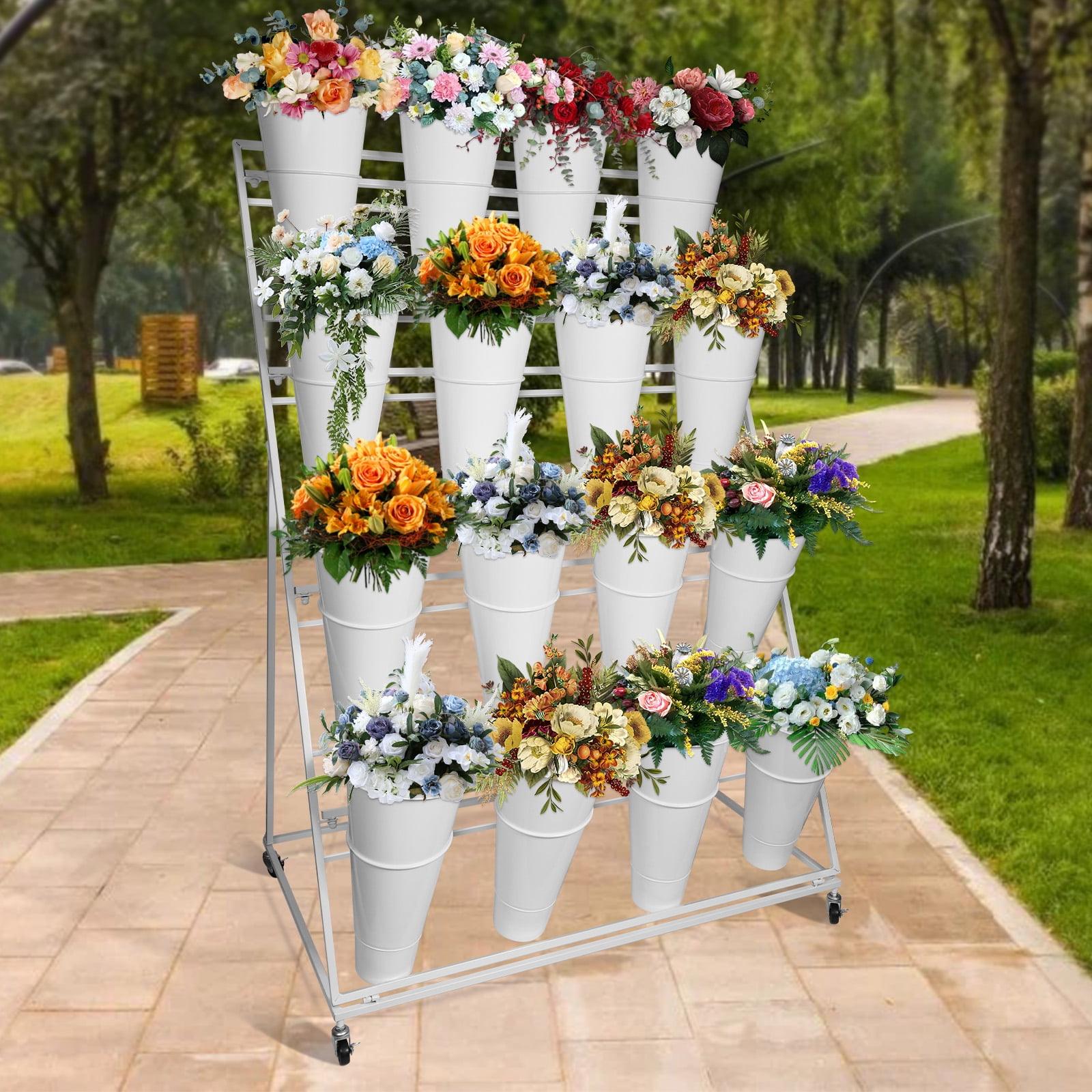 Flower Display Stand,4 Layers Metal Florist Bouquet Shelf with 16 Round ...