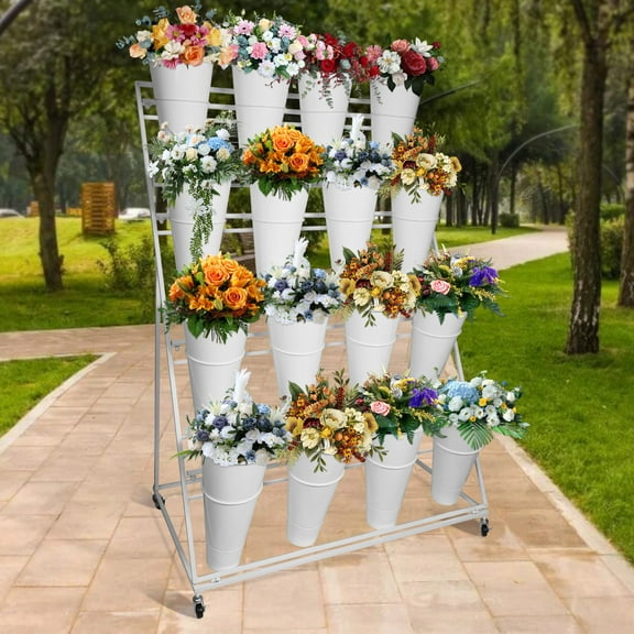 Flower Display Stand,4 Layers Metal Florist Bouquet Shelf with 16 Round Buckets，Moving Plant Rack with 4 Wheels,for Terrace Garden,Living Room,Florist Shop,White