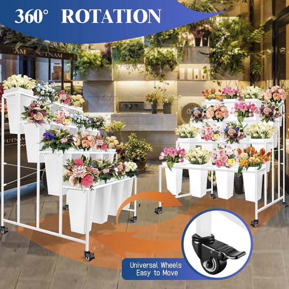 Flower Display Stand 4 Tier, Floral Bar with Wheels, Plant Stand with 16 White Buckets, Floral Display Stand for Indoor Outdoor Home Terrace Decor