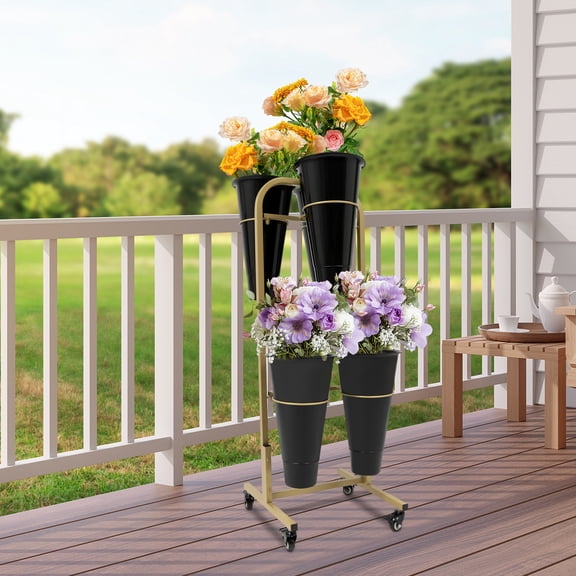 Flower Display Stand with 6PCS Black Round Buckets 2 Layers with Wheels Moving Plant Cart, Flower Bucket Stand for Indoor & Outdoor Patio Garden ,Living Room ,Florist(Gold Stand)