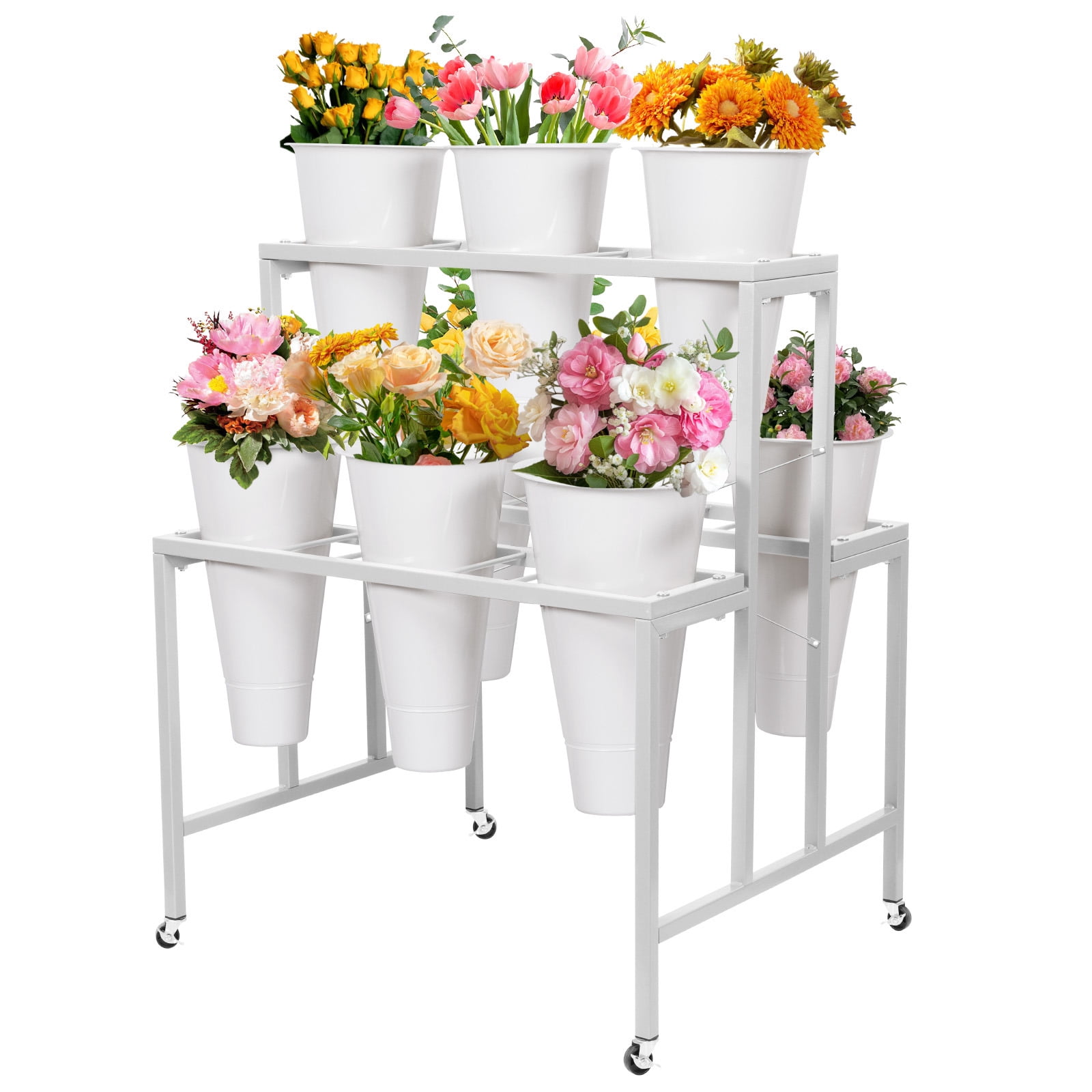 Flower Display Stand with 9 Buckets 3 Layers Flower Cart Metal Flower ...