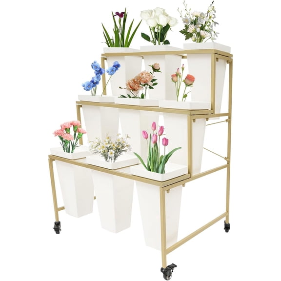 Flower Display Stand with 9 Pcs Buckets White 3 Layers Heavy Duty Moving Plant Cart Flower Cart Gold Display Stand Wheels for Florists, Home Balconies, Gardens, Weddings, Indoor, Outdoor