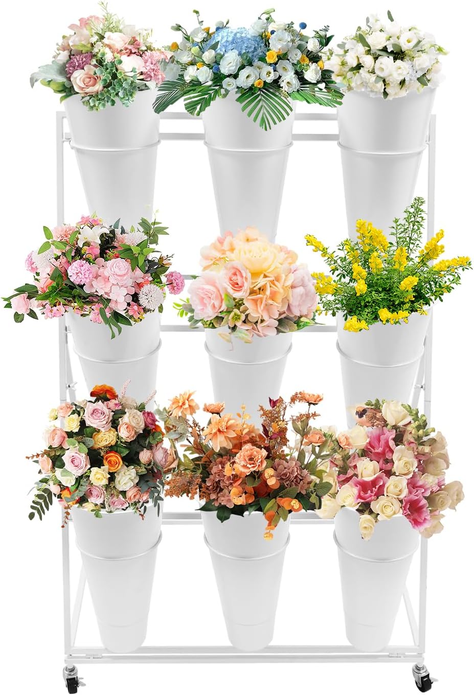 Flower Display Stand with 9PCS Round Buckets 3 Layers Plant Shelf ...