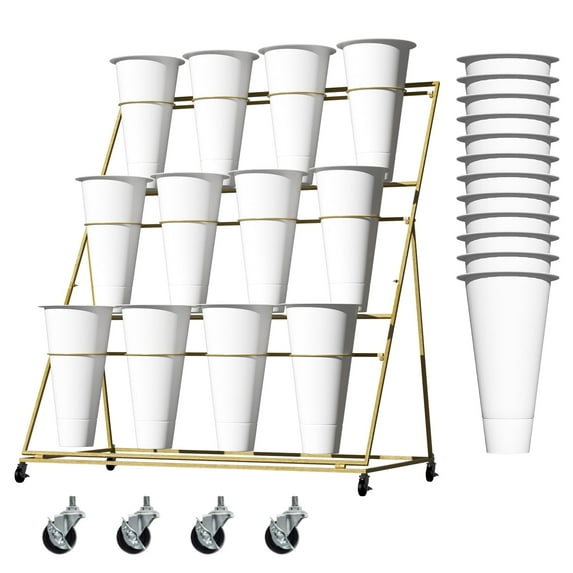Flower Display Stand, Anti-Tip Reinforcement, 12 White Plastic Planters, Gold Iron Floral Stand, 3-Tier Structure, Office, Sunroom, Indoor