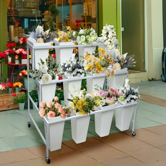 Flower Display Stand with Buckets, 3 Layers 12PCS Buckets Flower Bar Stand, Metal Flower Cart Display Stand with Wheels for Indoor Flower Bar and Cafs