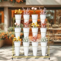 Flower Display Stand With Buckets, 3 Layers Metal Plant Stand With 4 Brake Wheels, Heavy Duty Moving Flower Rack For Fresh Flower Shop, Flower Bar, Patio Garden, Outdoor (Gold Frame - White Bucket)