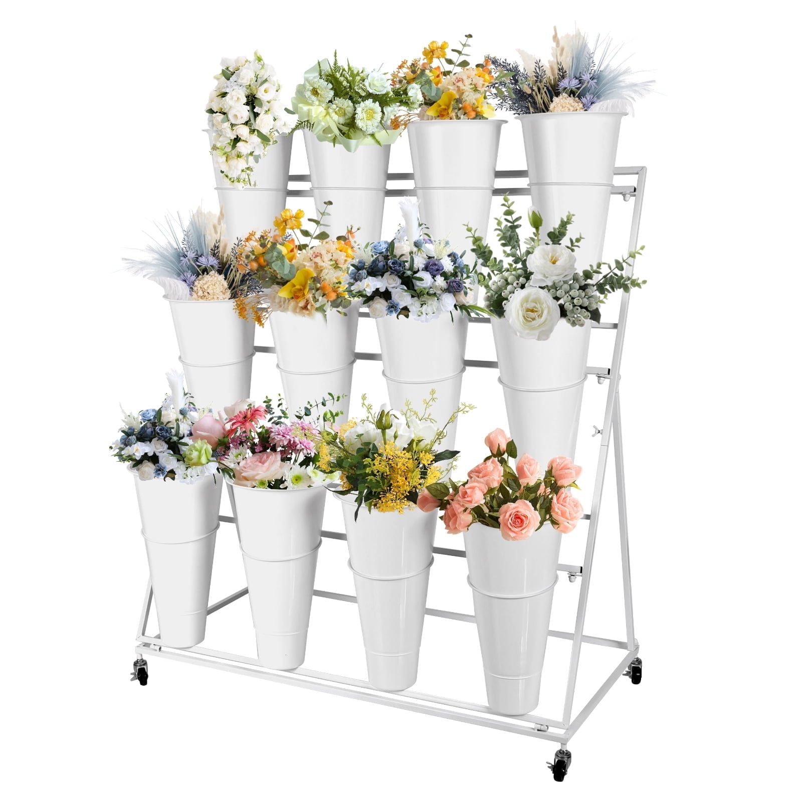Bloem displaystandaard met 9/12/16 bloememmer, bewegende metalen plantenkar plank met wielen, smeedijzeren bloemist plank, voor patio tuin, woonkamer, bloemist, buiten (kleur: B, maat: 9 emmer