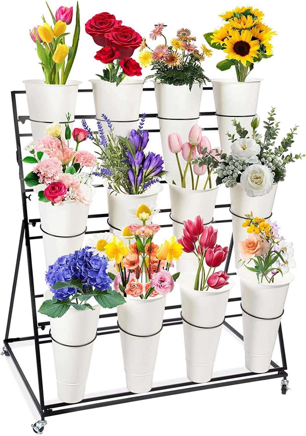 Flower Stands 3-Tier Metal Flower Display Stand With Buckets & Wheels ...
