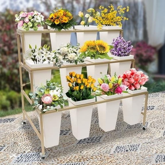 Flower Display Stand, Flower Cart Flower Bar Stand Bouquet Bar w/ Plastic Buckets & Moving Plant Cart Shelf for Flower Store, Patio Garden, Living Room(Square Barrel)$$Garden & Patio
