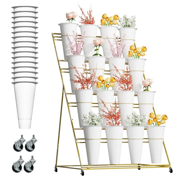 Flower Display Stand, Movable Metal Plant Stand, Plant Stand with Wheels, 4 Swivel Casters, 16 White Plastic Buckets, 4 Layers, Revolving for Wedding Display