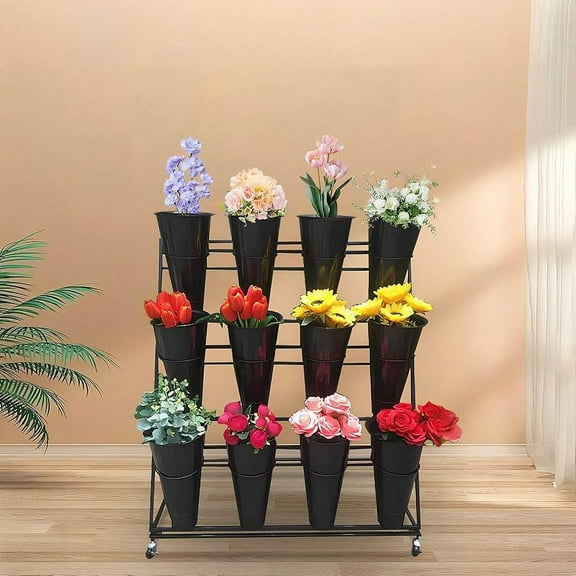 Flower Display Stand, Moving Plant Stand with Wheels Heavy Duty Garden Cart Display Flower Shelf with 12p cs Plastic Buckets for Fresh Flowers Patio Garden Living Room, Flower Shop
