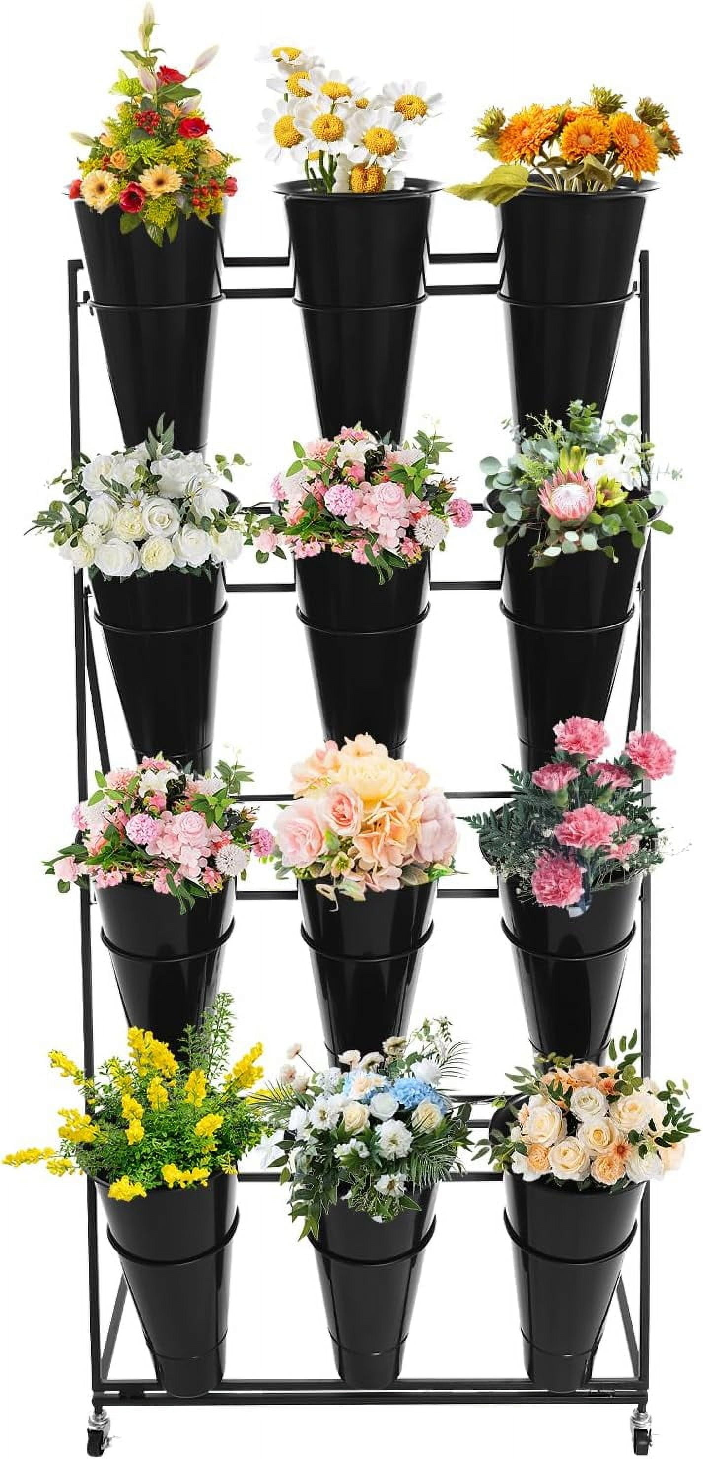 Flower Display Stand With 12 Round Buckets - 4 Layers Plant Shelf, Iron ...