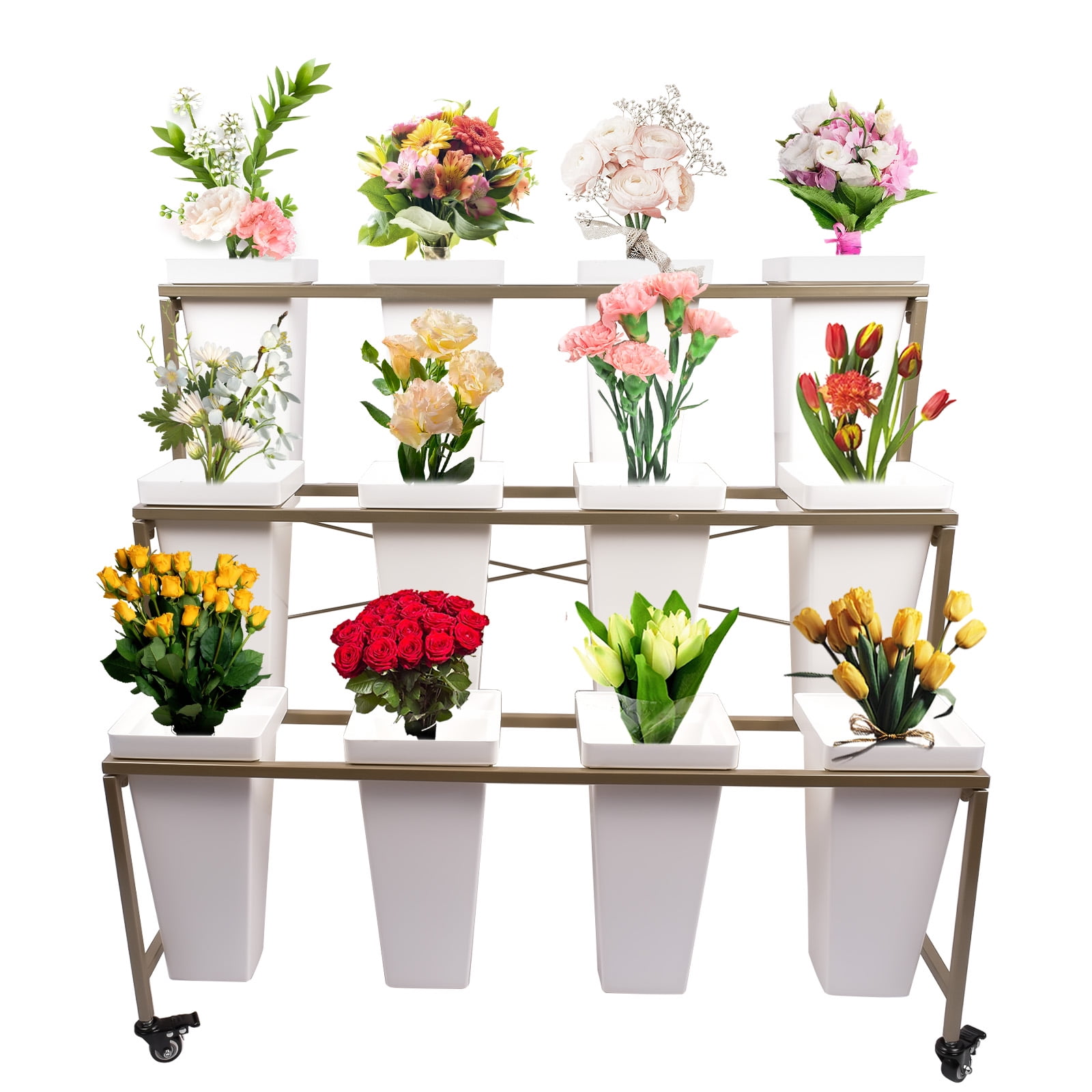 Flower Display Stand With Buckets, 3 Layers Metal Plant Stand With 4 ...