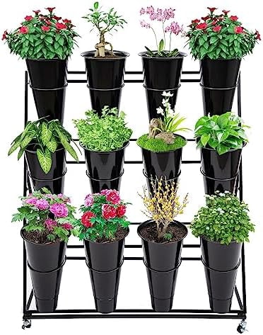 3-Tier Flower Display Stand With 12 Buckets - Metal Plant Cart With Wheels For Florist, Garden, Wedding Decor
