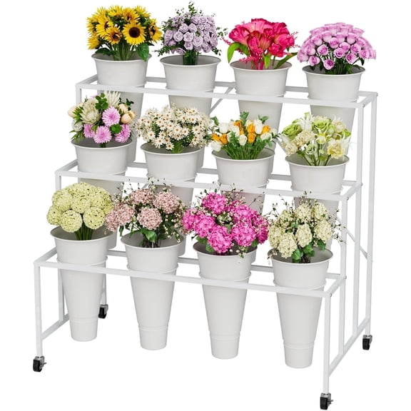 Flower Display Stand with 12 Buckets, 3-Tier Flower Display Cart with Wheels for Courtyard Balcony Wedding Party White