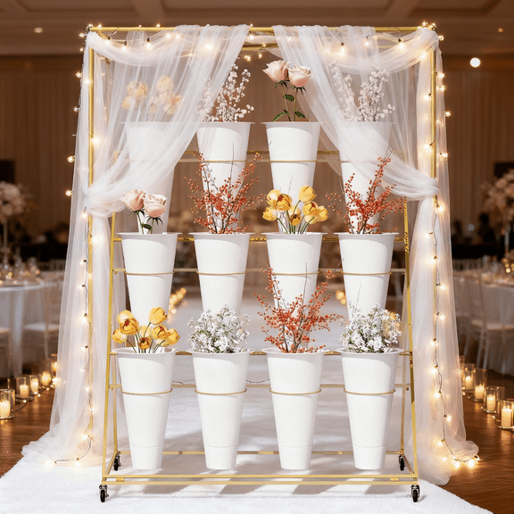 Flower Display Stand with 12 Buckets, Flower Cart 3 Layers, Flower Stand Metal with Wheels, Moving Florist Bouquet Shelf, Gold