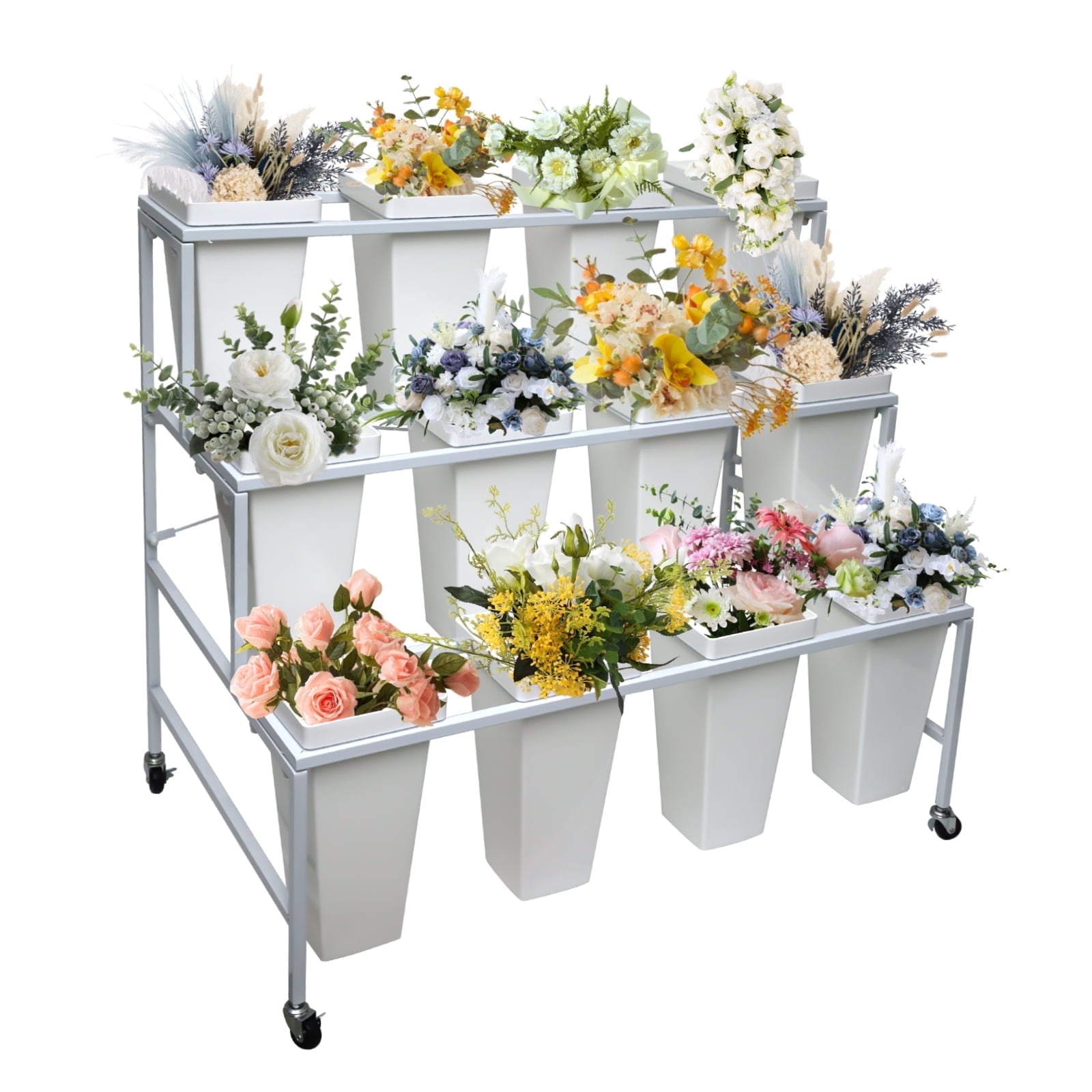 Flower Display Stand with 12 Buckets, Flower Cart 3 Layers, Flower ...