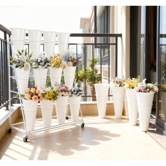 Flower Display Stand with 12 Buckets, Flower Cart 3 Layers, Flower Stand Metal with Wheels, Moving Florist Bouquet Shelf, Rectangular Rack