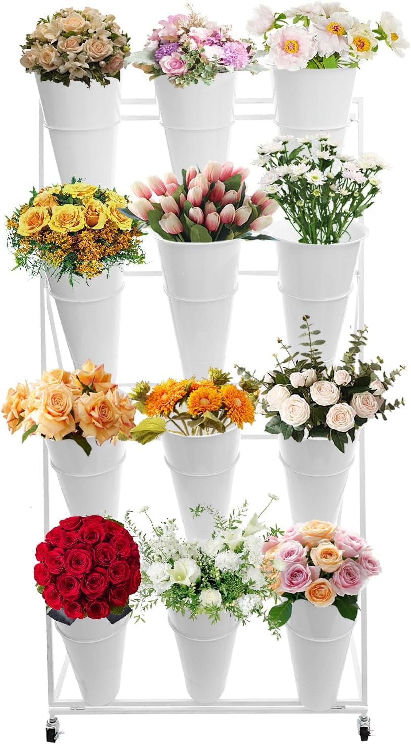 Flower Display Stand with 12-Piece Round Buckets 4 Layers Shelf with ...