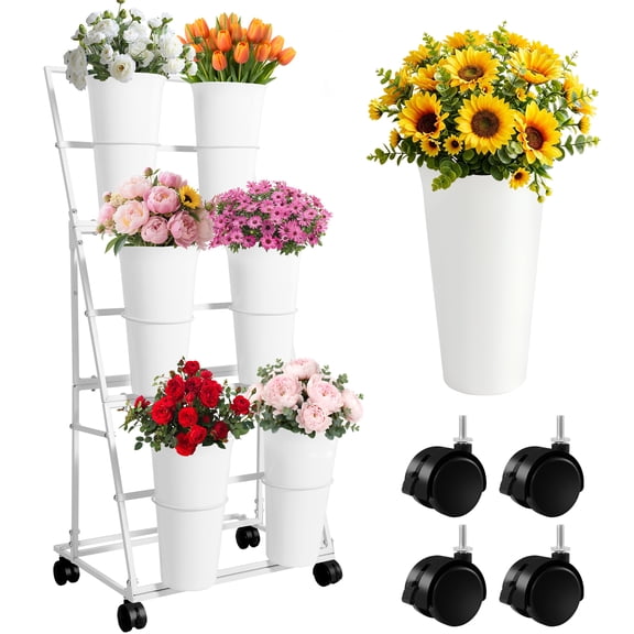 3-Tier Flower Display Cart with 12 Buckets, Black Metal Plant Stand ...