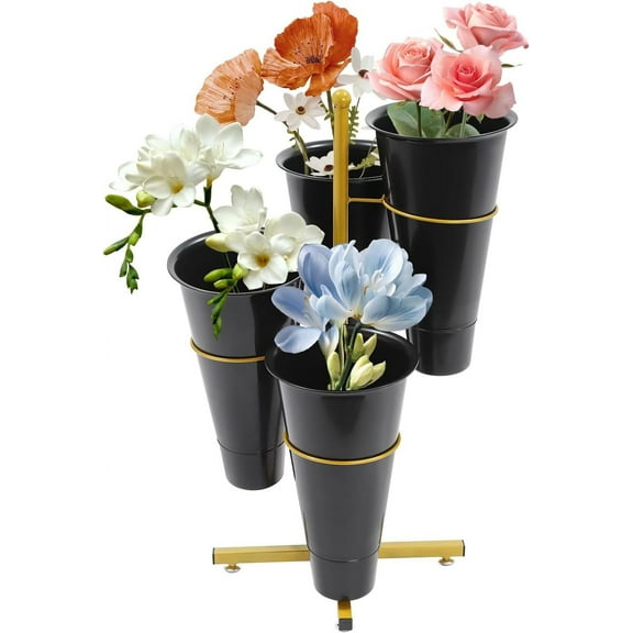 Flower Display Stand with Wheels (4 Layers-4 Round Black Buckets)