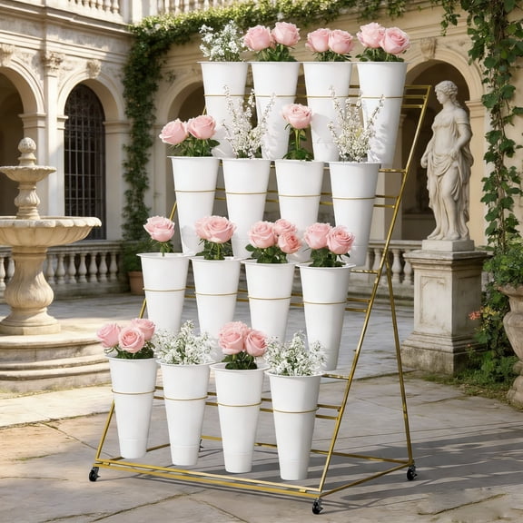 Flower Display Stand with Wheels,4 Tier Floral Display Stand,Flower Bar with 16 White Buckets,Plant Bar for Garden Display,Wedding Decor,Home Patio