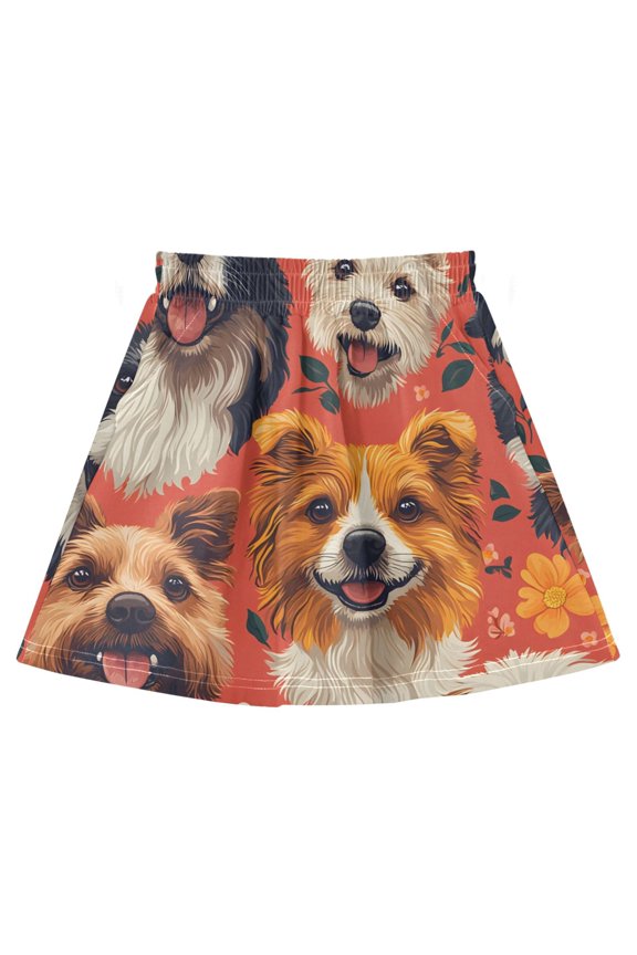 Flower Dog Face Pattern Cotton Skirt Built-in Liner Elastic A-Line Flared Skirt with Pockets
