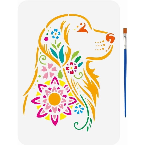 Flower Dog Painting Stencil 8.3x11.7inch with Paint Brush Reusable Dog Pattern Drawing Template Flower Vine Leaf Stencil for DIY Painting Animal Theme Template for DIY Wall Floor Decoration