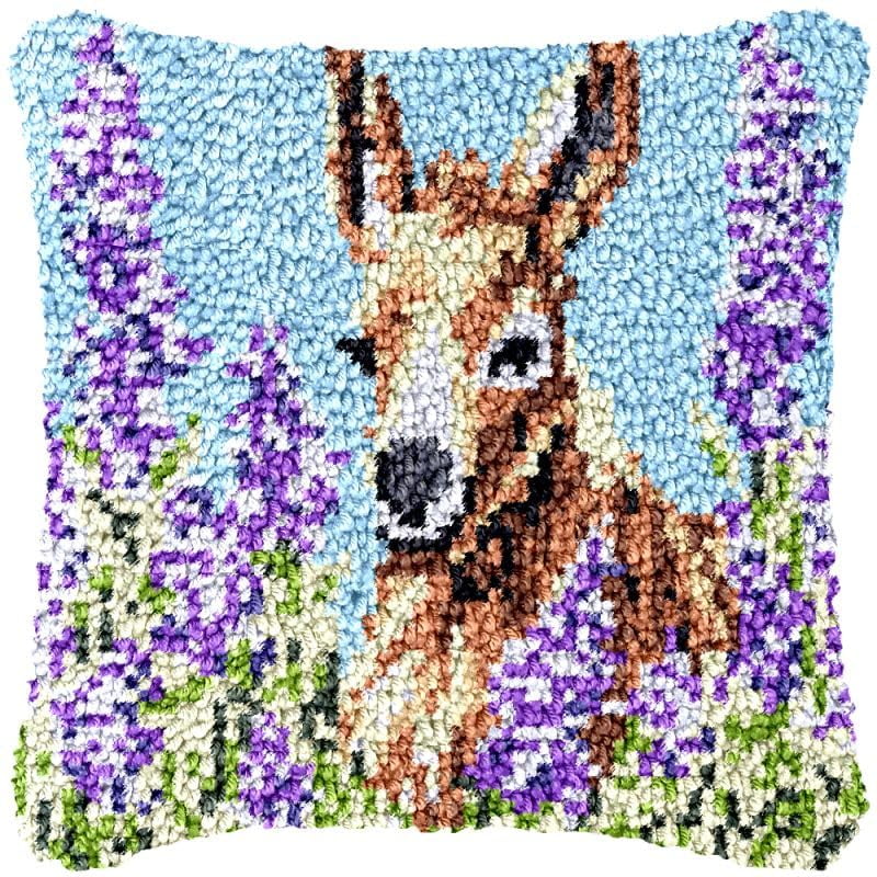 Flower Donkey Latch Hook Pillow Cover Kits for DIY Handmade Throw Pillow Cross Stitch Latch Hook Pillowcase Rug Kits with Preprinted Color Pattern Canvas Crochet Yarn Kits 17''X 17''(fv145)