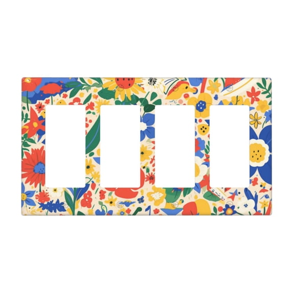 Flower Doodle Switch Cover Decorative Wall Plate / 4-Gang 4-Decor / Standard Size 4.5x8 in