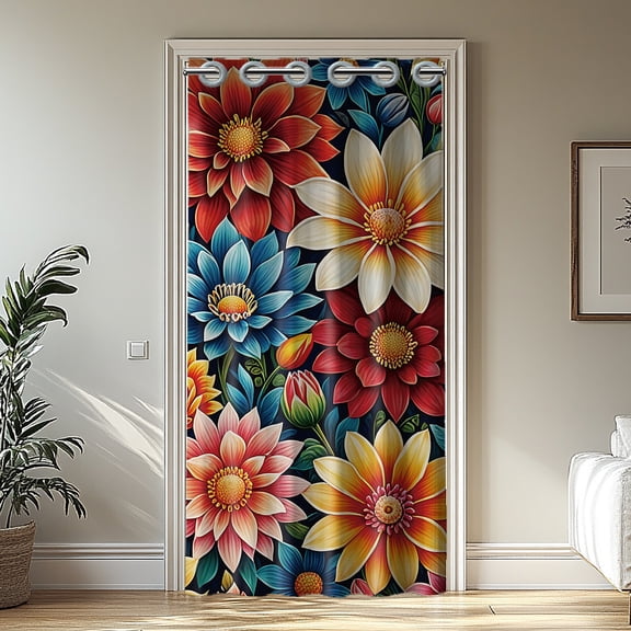 Flower Door Curtain Doorway Colorful Flower Doorway Curtain Room Divider Curtains with Plastic Rings Folding Doors Curtains