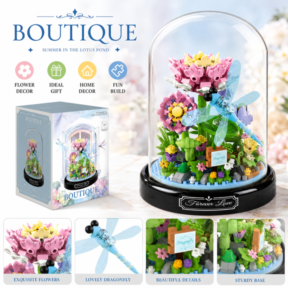 Flower Dragonfly Bouquet Building Block Set, Micro Mini Botanical Building Toy for Women-568 PCS