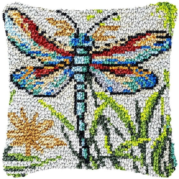 Flower Dragonfly Latch Hook Kits Pillow DIY Rug Cushion Making Kits with preprinted Pattern Canvas Instruction Yarns and Latch Hooking Pillow Cover Easy to Start DIY Home Decor Kits 43x43cm