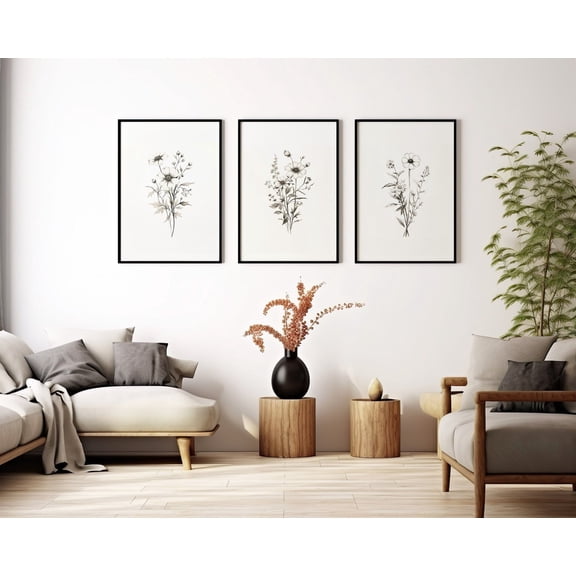 Flower Drawing Wall Floral Botanical Flower Bouquet Sketch Art Set 3 Unframed Paper Print 8x12
