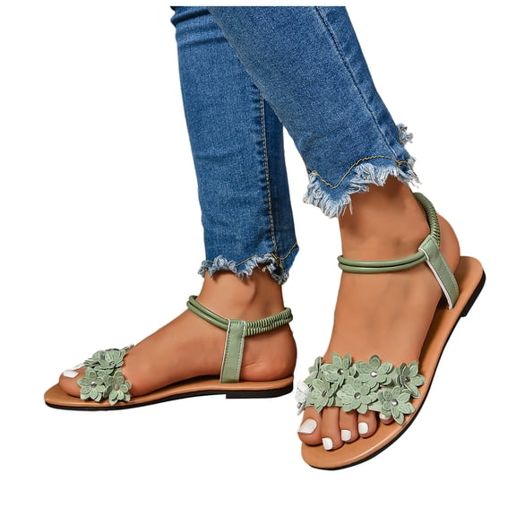 Flower Dress Sandals for Women 2025 Beach Summer Open Toe Flats Elastic Ankle Strap Slingback Sandals