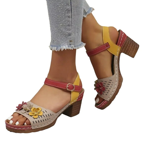 Flower Dressy Sandals for Women 2025 Multicolored Boho Beach Summer Platform Chunky Mid Heels Dress Sandals