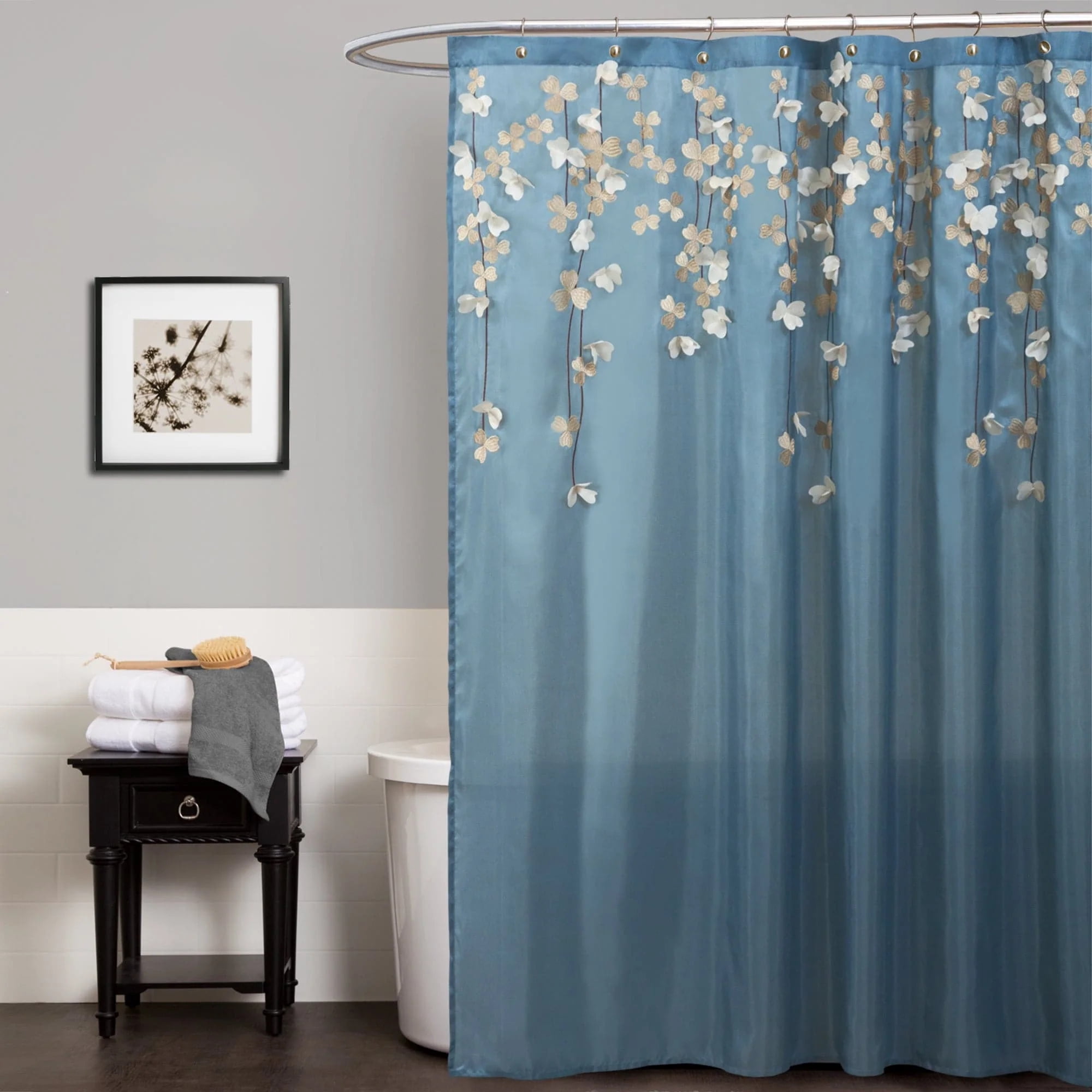 Federal Blue Faux Silk Floral Shower Curtain, 72" x 72"